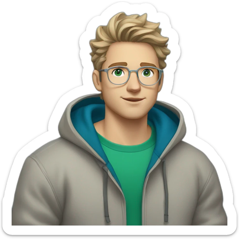 young white guy with wavy hair and a fade in light brown color and round silver color glasses with a grey hoodie on and blue green eyes sticker
