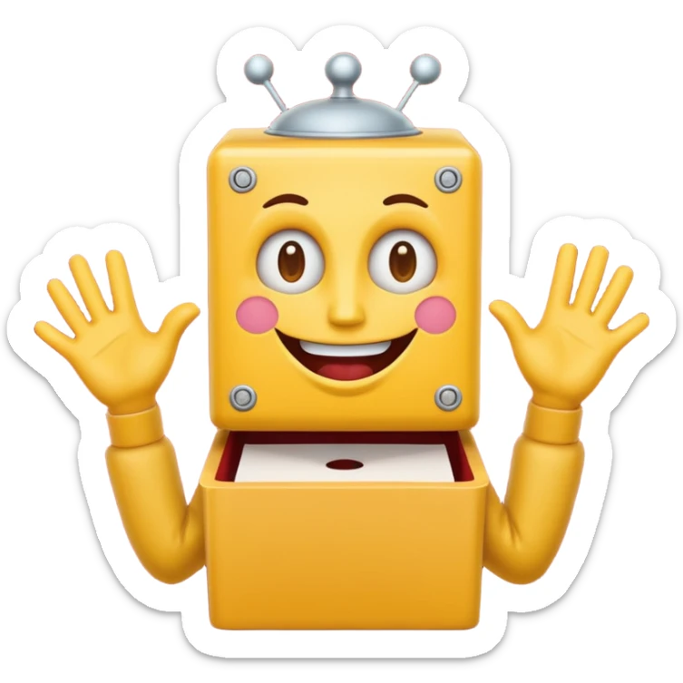 Create an emoji (one of the classic yellow faces) but make them have hands and wind an imaginary jack in the box (no props or anything just the hands and face) but also have the mouth like an o sticker