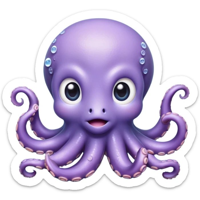 Cinematic Cute Baby Octopus Portrait Emoji, Head tilted slightly in a curious and endearing way, featuring a smooth, rounded light blue-purple body with enormous, sparkling eyes filled with warmth and innocence, delicate tentacles curling playfully, Simplified yet irresistibly adorable features, highly detailed, glowing with a soft, dreamy marine glow, high shine, affectionate and gentle, stylized with a touch of whimsical deep-sea charm, soft glowing outline, capturing the essence of a tiny, inquisitive octopus that looks ready to gently drift into your heart! sticker