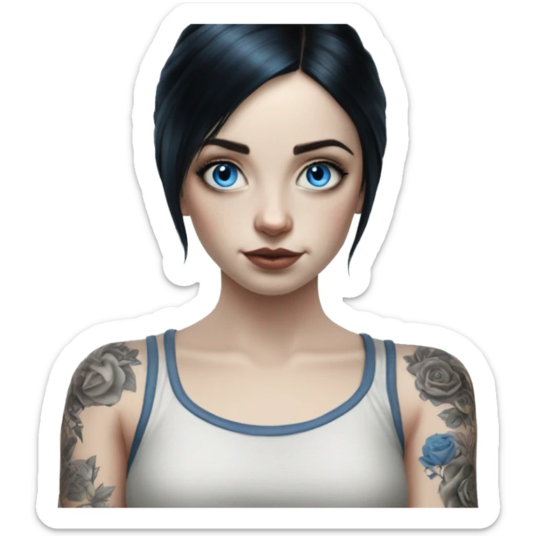 Hyperrealistic Pale girl with blue eyes and black hair arm tattoos sticker