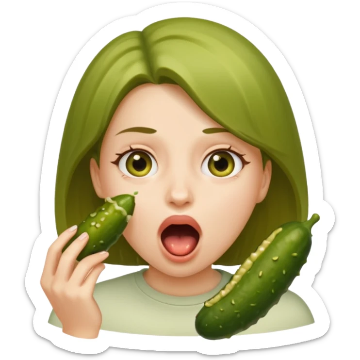 A girl opening her mouth insanely wide with a pickle going down her throat  sticker