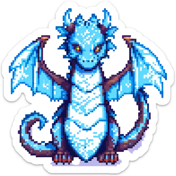 Pixel art fantasy sword, dragon wrapped around icy blade, snowflake details, 8-bit style sticker