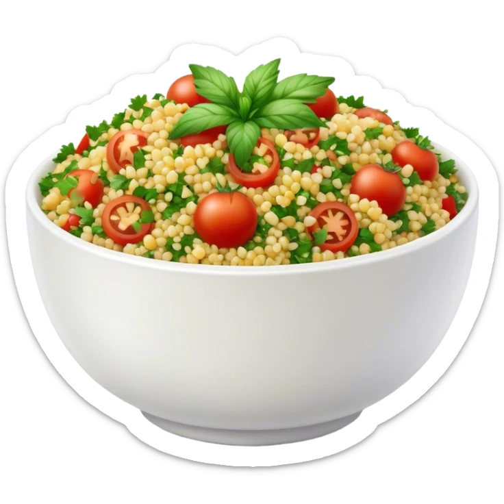 Cinematic Realistic Tabbouleh Salad Dish Emoji, showcasing a fresh herbaceous salad with bulgur, tomatoes, and parsley rendered with crisp textures and natural, vibrant lighting. sticker