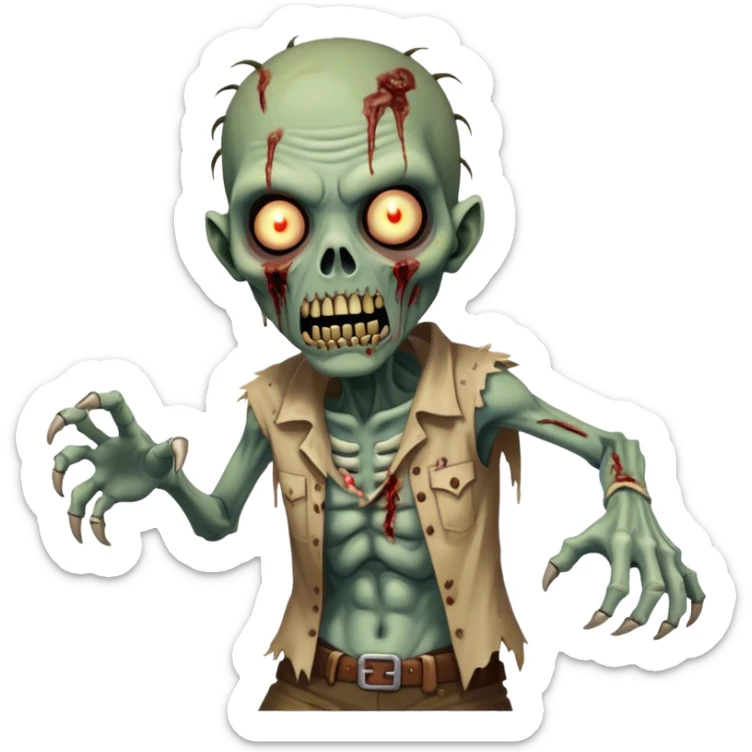 Cinematic Realistic WoW undead friendly zombie Portrait, captured in a fierce, battle-ready stance, muscles taut beneath his tattered, earth-toned attire. His decayed, pallid skin and glowing eyes are rendered with intense lifelike detail and dynamic lighting, high shine, embodying the raw, relentless fury of an undead friendly zombie in the heat of combat. sticker