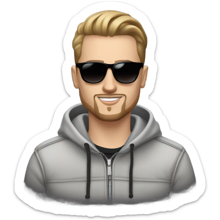 23y old white guy with brown slickback hair and goatee beard wearing sportstyle sunglasses. Balenciaga louis vitton guess  sticker