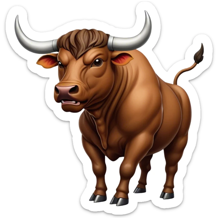 Cinematic Realistic depiction of a powerful Spanish charging bull, rendered with dynamic muscle definition and detailed, textured hide, set against a dramatic backdrop with intense, action-packed lighting sticker