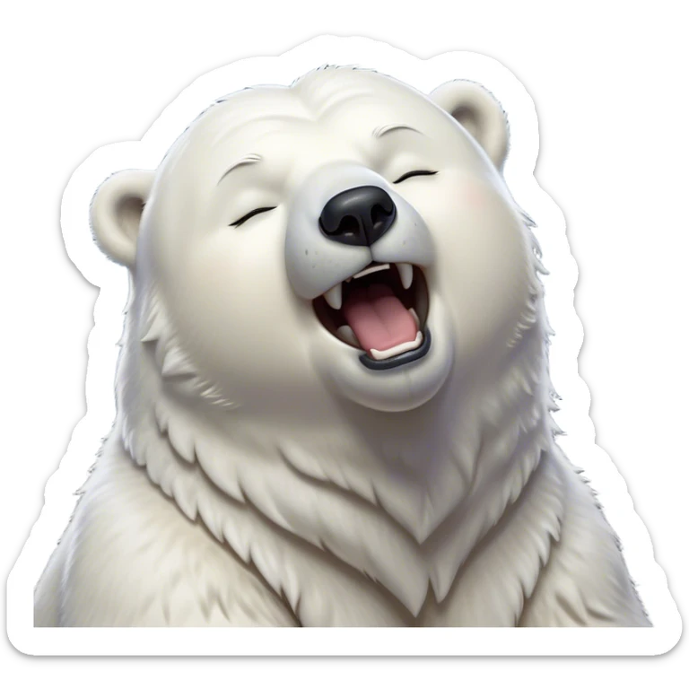 Cinematic Cute Yawning Polar Bear Portrait Emoji, Head tilted slightly with a dramatic, wide-open yawn, showcasing luxuriously thick fur and sleepy, half-closed eyes radiating drowsy contentment, Simplified yet irresistibly adorable features, highly detailed, glowing with a soft, cozy polar light, high shine, relaxed yet expressive, stylized with a dash of whimsical arctic charm, soft glowing outline, capturing the essence of a drowsy yet affectionate guardian that seems ready to stretch out for a nap! sticker