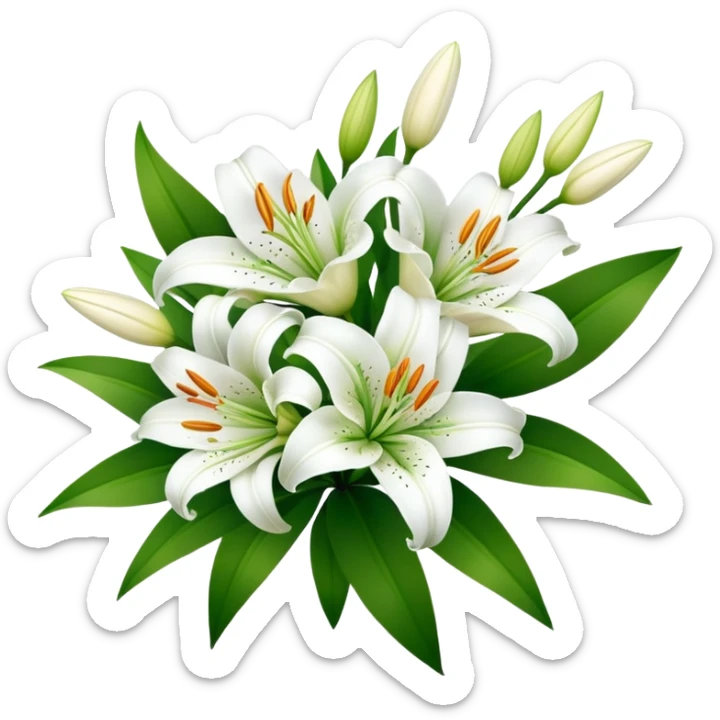bouquet of white lily flowers with green leaves sticker