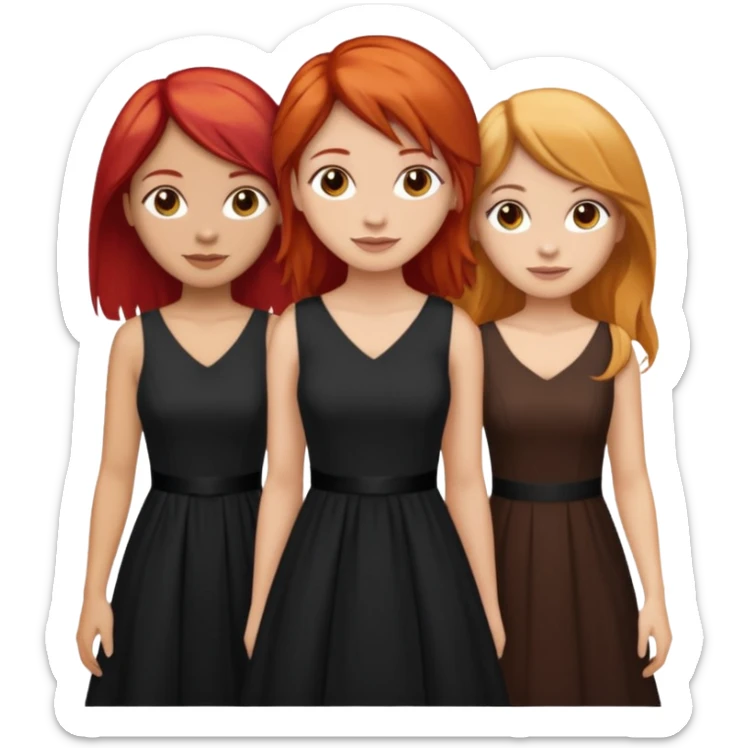 Can you create an image of 3 friends together one with red bright hair light skin one the other with brown hair with some blonde highlights in the hair fair skin the last one with light brown a tint of orange hair and black long hair with brown with dresses dark hair on one of the girls  sticker