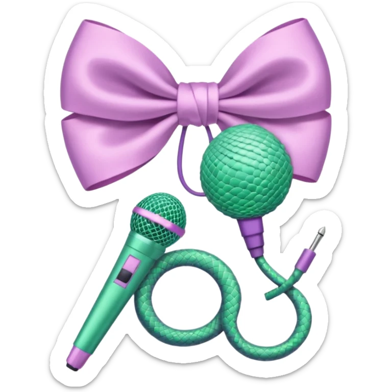 A pastel pink bow with a pastel green snake on the top of one side and a pastel purple microphone on the bottom of the other side sticker
