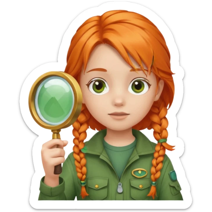 braid orange haired girl kid in green explorer outfit, holding magnifying glass sticker
