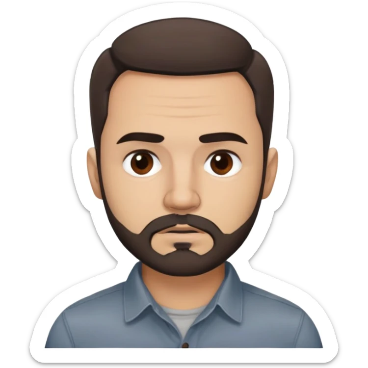 Puerto Rican actor René Monclova with round face, wide jaw, light skin. Expressive dark brown eyes, thick eyebrows. Short brown hair with receding hairline. Messy beard, brown with some gray patches. Wearing a dark button-down shirt. sticker