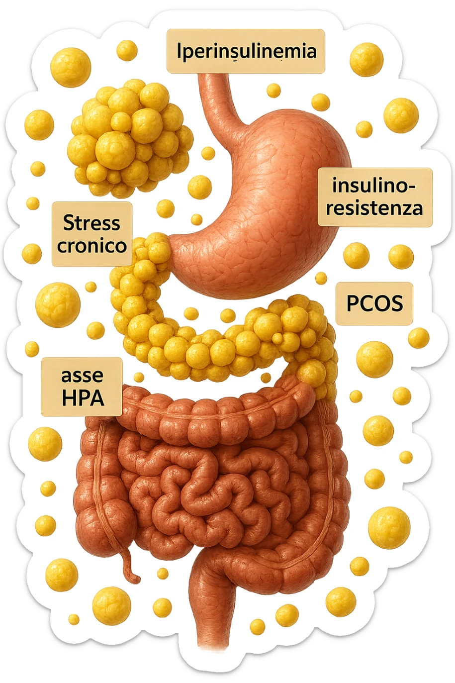 STOMACO E INTESTINO SONO VERTICALMENTE COLLEGATI E INTORNO A QUESTI ORGANI CI SONO CELLULE DI GRASSO GIALLE ATTACCATE SOPRA A GRAPPOLI, intorno fluttuano cellule di grasso giallo e alcune targhette con queste parole "Iperinsulinemia", "insulino-resistenza", "PCOS", "Stress cronico", "asse HPA", IPERREALISTICO 4K sticker