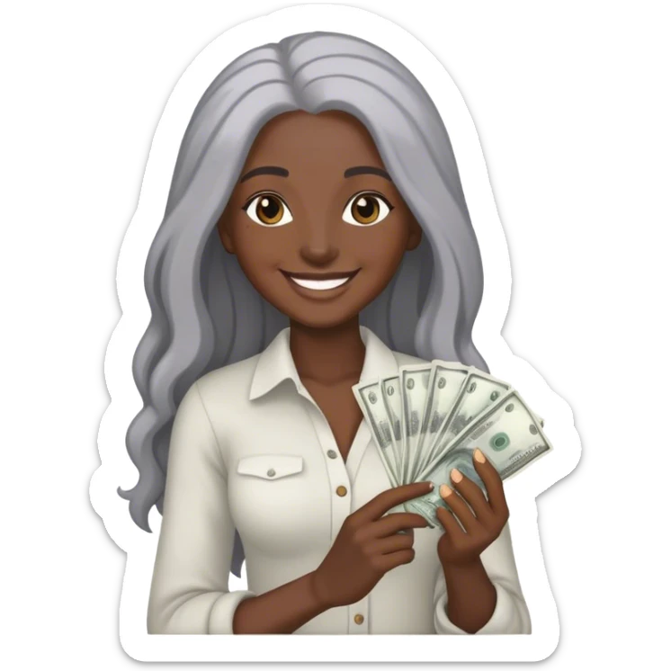 smiling dark black woman with long grey hair holding cash sticker