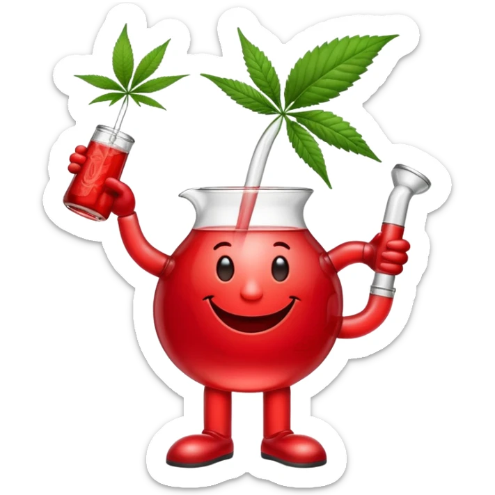 Kool-Aid Man pitcher character with legs and arms holding a bong and a prominent cannabis leaf sticker