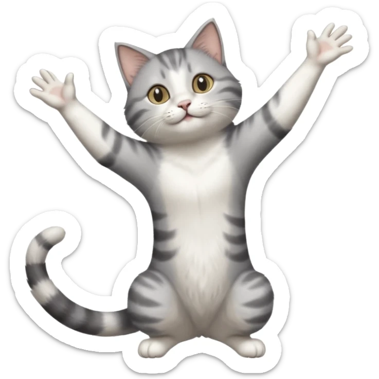 grey and white cat doing a big long stretch reaching up into the airwith arms together sticker