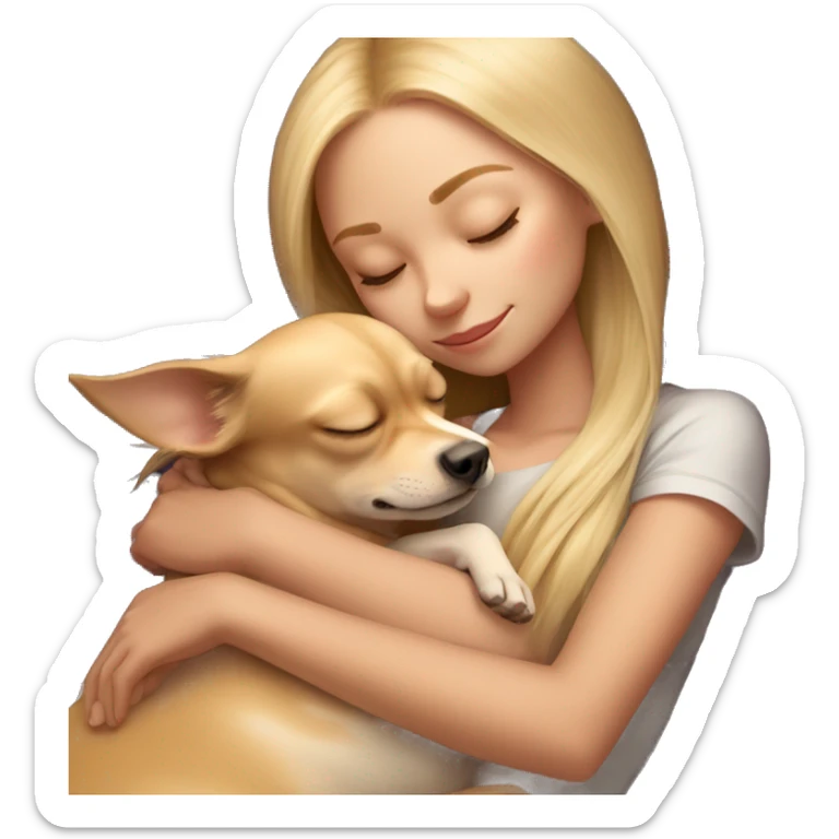 Girl with long blonde hair laying down sleeping cuddling with a tan chihuahua  sticker