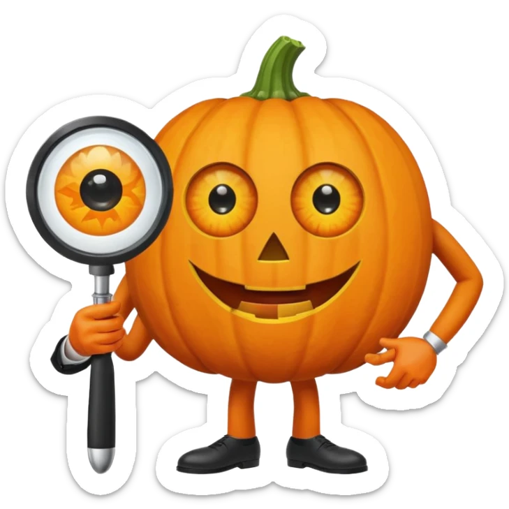 A pumpkin smiling at a magnifying glass (the magnifying glass has limbs and a suit thats black, the magnifying glass also has a eye, looks like a cyclops eye, one eye in the middle turn the magnifying glass into a living person) sticker
