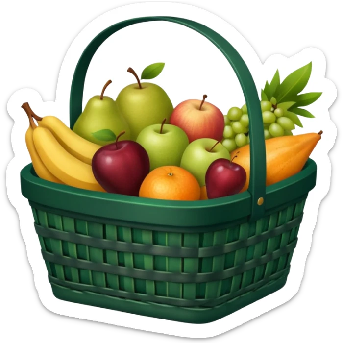 Dark green, plaid basket with both food, drink and fruits sticker