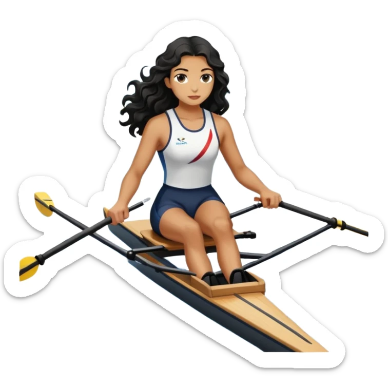 girl with long black wavy hair rowing in Olympic rowing sport, distant view sticker