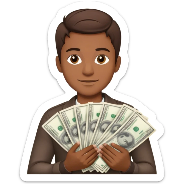 A confident young man with short brown hair, holding two thick stacks of cash in both hands. He has a smirking, successful expression. The money is detailed, with visible bills, and the background is minimalistic yet luxurious. sticker