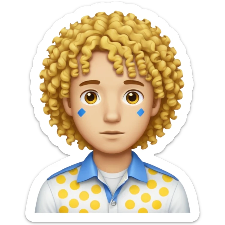 Make me an emoji that has a guy with a white shirt and yellow tape around the shirt with brown and blue spots hair make the hair curly make the yellow tape go around it sticker