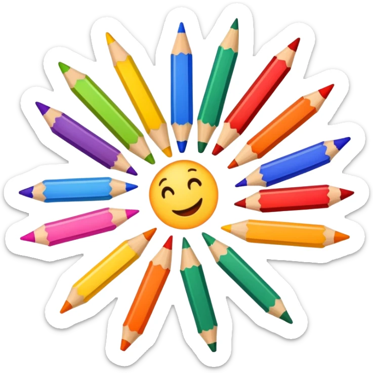 colorful drawing on paper with crayons and pencils nearby, fun and inviting sticker