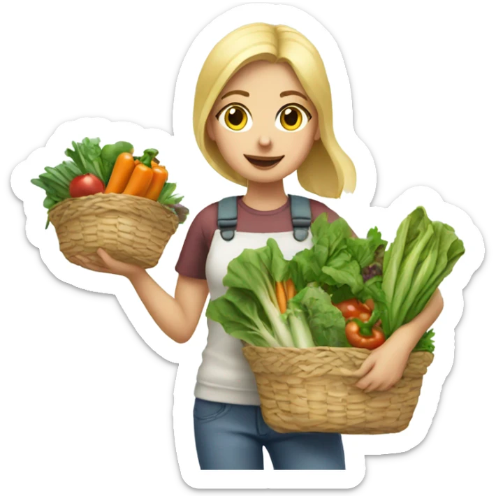 Blonde girl carrying baskets of vegetables and greens sticker