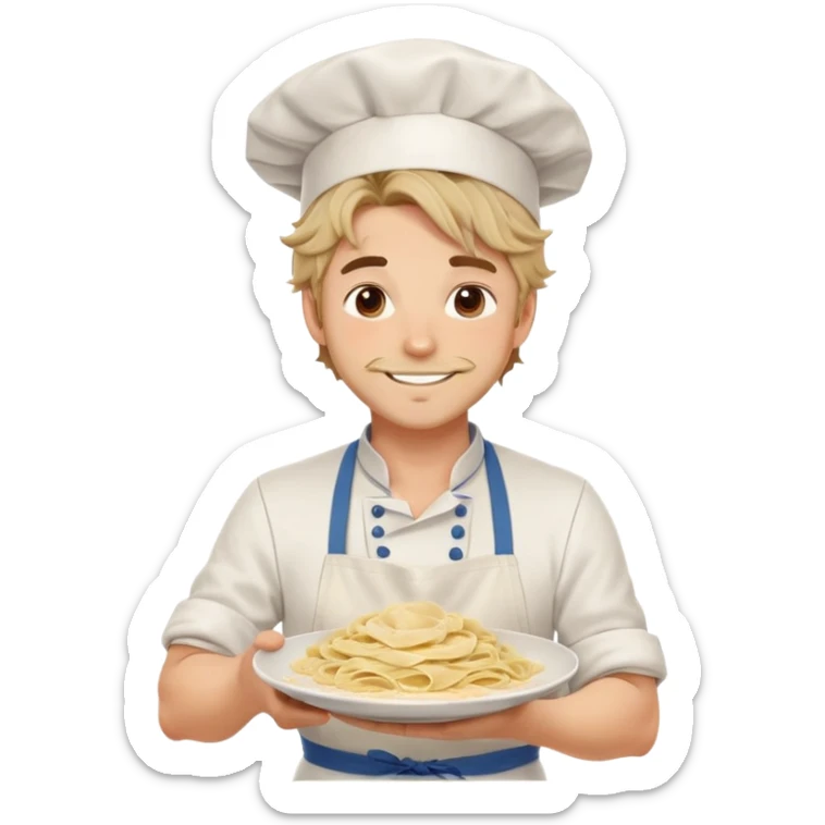 Attractive chef boyfriend with messy apron, tousled hair, playful smile, holding a plate of pasta, flour on cheeks, romantic sticker