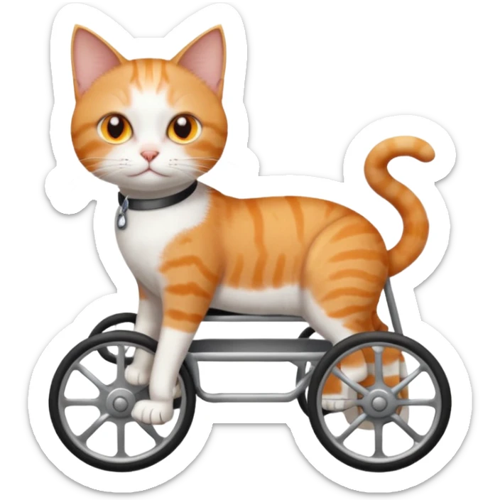 full body small short hair ginger and white cat with orange eyes walking in a wheelchair for cats sticker