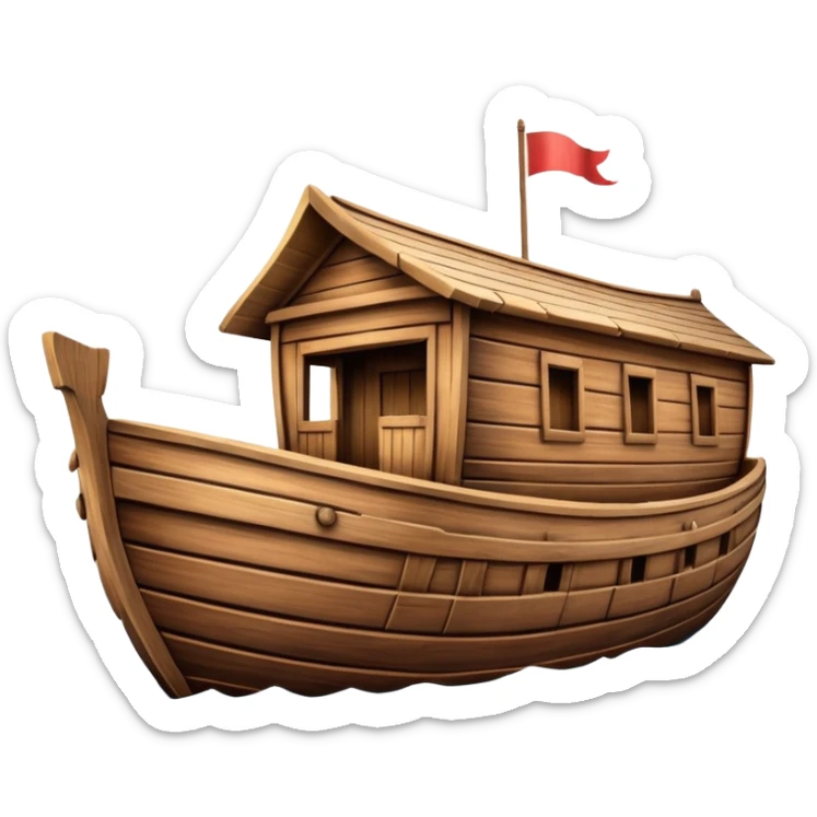 Huge empty wooden Noah's ark boat on water, wide and spacious, no occupants, realistic details sticker