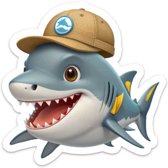 Un tiburón con aspecto gruñón pero con una sonrisa, que tenga una gorra de la marca barbas hats hacia atrás sticker