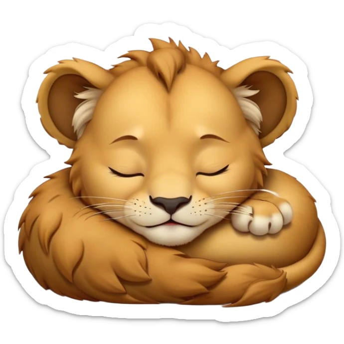Meme-Worthy Cute Sleeping Lion Cub Portrait Emoji, Head resting peacefully with a contented smile, showcasing a robust build and a luxuriously soft tawny Fur with a flowing mane, eyes shut in a serene, restful nap, Simplified yet hilariously adorable features, highly detailed, glowing with a soft, drowsy light, high shine, relaxed and utterly lovable, stylized with an air of playful laziness, bright and heartwarming, soft glowing outline, capturing the essence of a comically sleepy Lion Cub, so meme-worthy it feels like it could instantly become the next viral sensation of adorable slumber! sticker