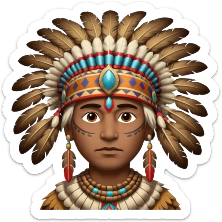 A proud chief with feathered headdress, calm powerful stance, and painted patterns on his face.
 sticker