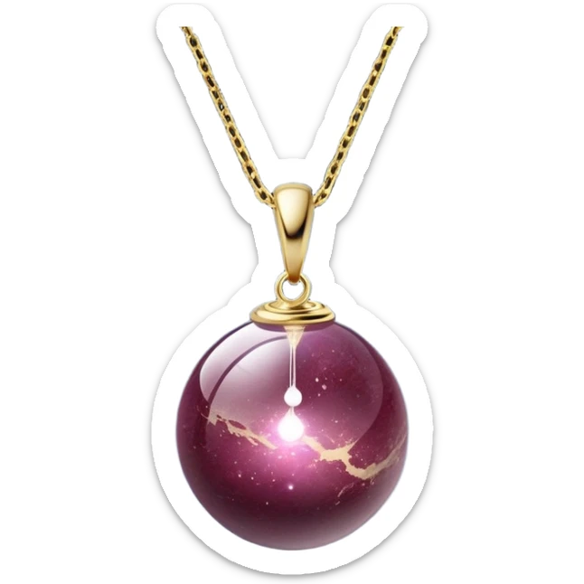 A polished round ball wine granite pendant suspended from a delicate gold chain, like a drop of enchanted starlight, glowing with the warmth of passion and the quiet power of transformation ethereal floating magical moving sticker