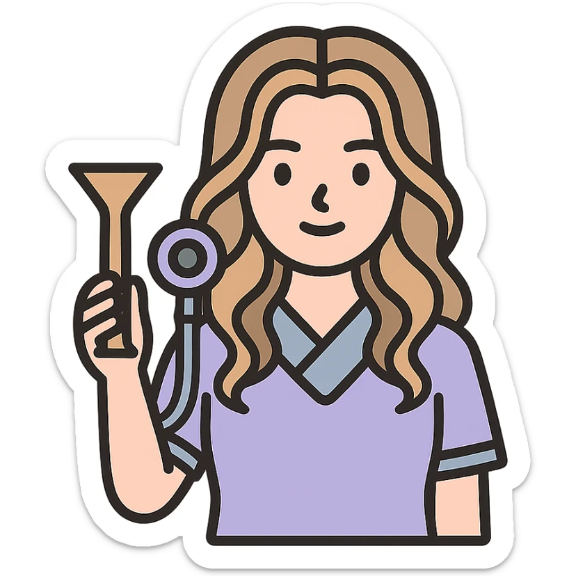 A girl with appearance and clothing as in the reference image, holding an obstetric stethoscope in one hand, the other hand lowered. Style: icon-color-outlined, Chinese Eastern style, detailed shadows and highlights, thin clean contours, soft rounded shapes, pastel palette #98B5BC, #B5B3C1, #C9A3C9, #E4C0CA, #F7DCD1, #F7C0AA, soft lighting, transparent background, no decorative elements. sticker