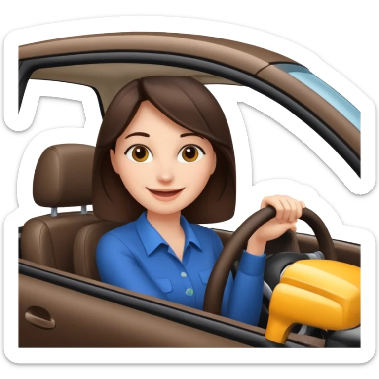 Brunette woman driving car like crazy. New car. Happy face confidence  sticker