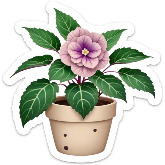 Begonia Rex plant in beige pot with only foliage, no flowers. Each leaf has dark green color, purple edges, white spots in middle, and clear spiral pattern at center where leaf grows sticker