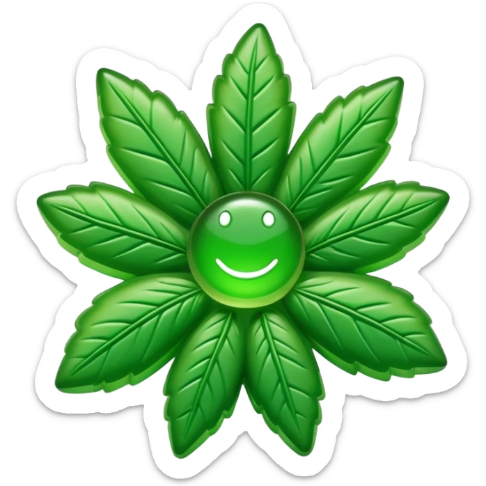 generate an emoji-style image of a gusher gummy shaped like a marijuana flower sticker