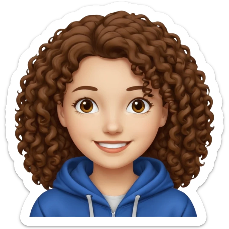 Woman, curly brown hair, hoodie, white  sticker