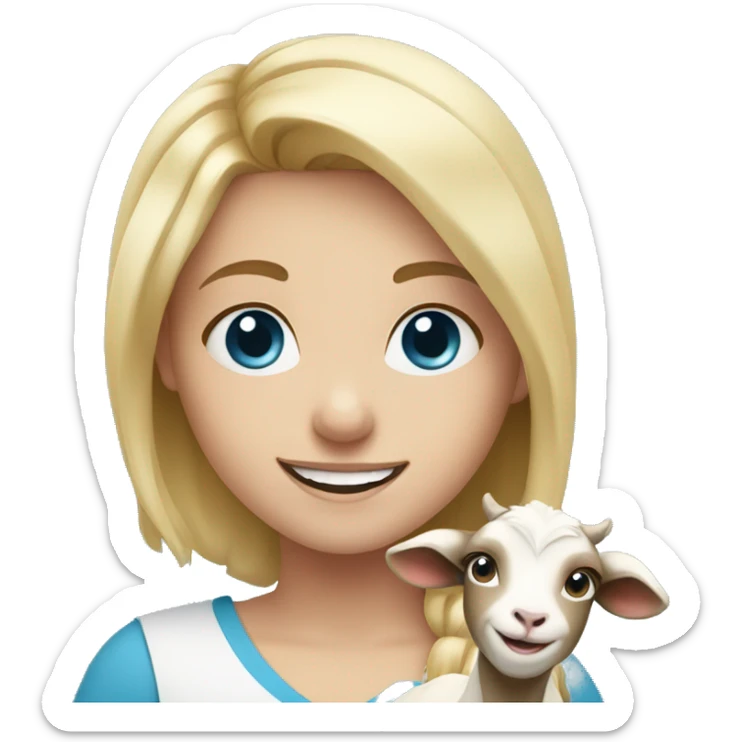 smiling girl with blonde hair blue eyes holding goat sticker