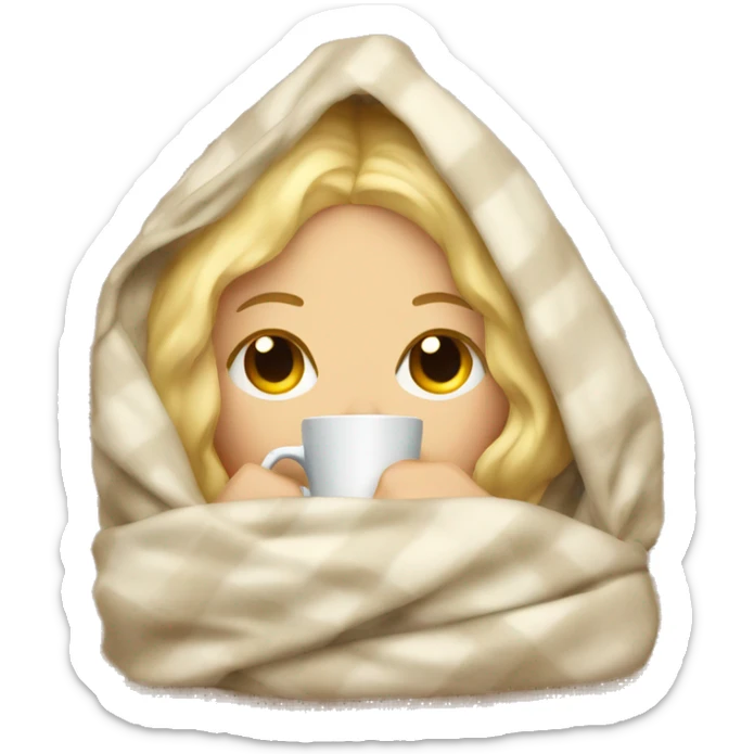 Blonde girl inside a blanket sipping coffee eyes closed sticker