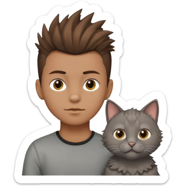 boy with brown hair and light brown skin tone and mohawk and a cat sticker
