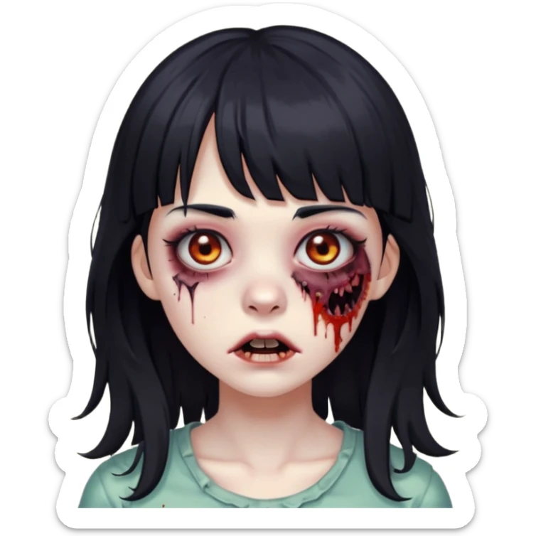 Zombie girl, black hair with bangs, slightly wavy,long hair,long eyelashes, black eyes,iOS style sticker