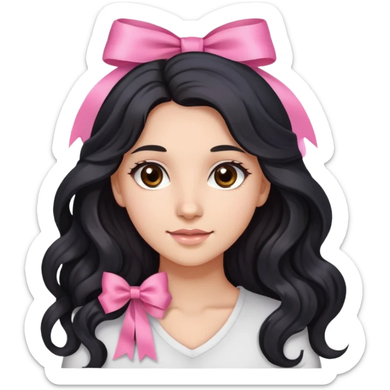 Beautiful girl with long wavy black hair, brown eyes, light skin, slight smile, and pink ribbon in hair sticker