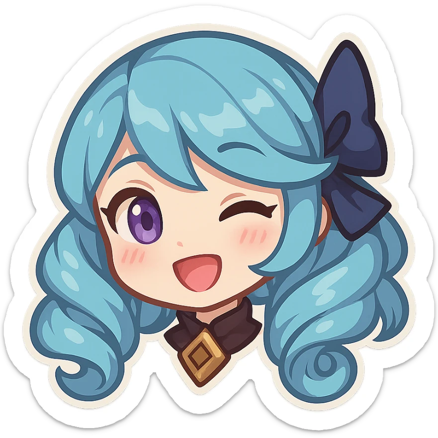 Gwen from League of Legends, happy expression, head only, right eye is purple, chibi style, slight tilt sticker