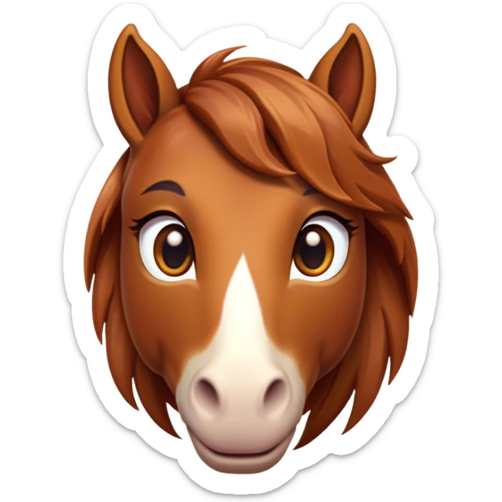 Cinematic Cute Chestnut Horse Portrait Emoji, Head tilted playfully and inquisitively, showcasing a glossy chestnut fur with a vibrant sheen and gentle, expressive amber eyes, Simplified yet irresistibly adorable features, highly detailed, glowing with a warm, friendly glow, high shine, affectionate and spirited, stylized with a touch of whimsy, bright and endearing, soft glowing outline, capturing the essence of a mischievous yet loving horse, so playful it feels like it could prance out of the screen and into your arms! sticker