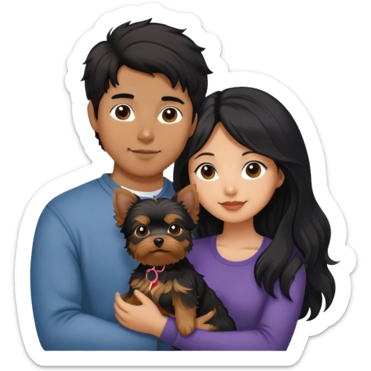A couple holding a small Yorkshire Terrier together. The girl is Asian with long, luscious wavy black hair (loose, no hair tie). She is next to her boyfriend, a brown-skinned man with short middle part hair sticker