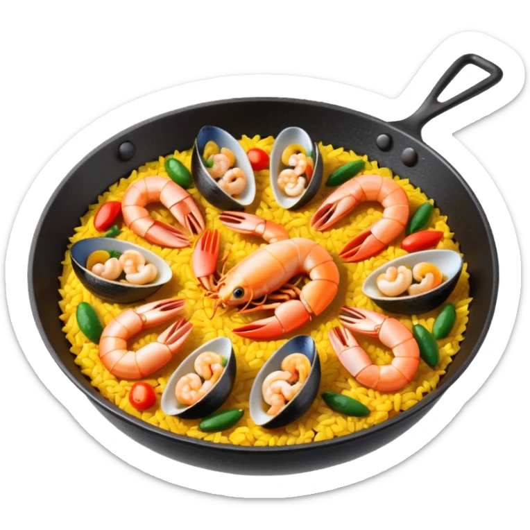 paella emoji, simplified pan with rice and seafood, expressive and cute sticker
