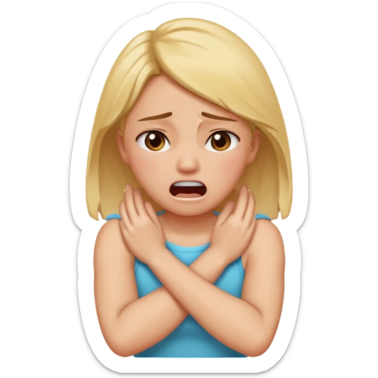 Girl mouth open crying with arms crossed grabbing neck sticker